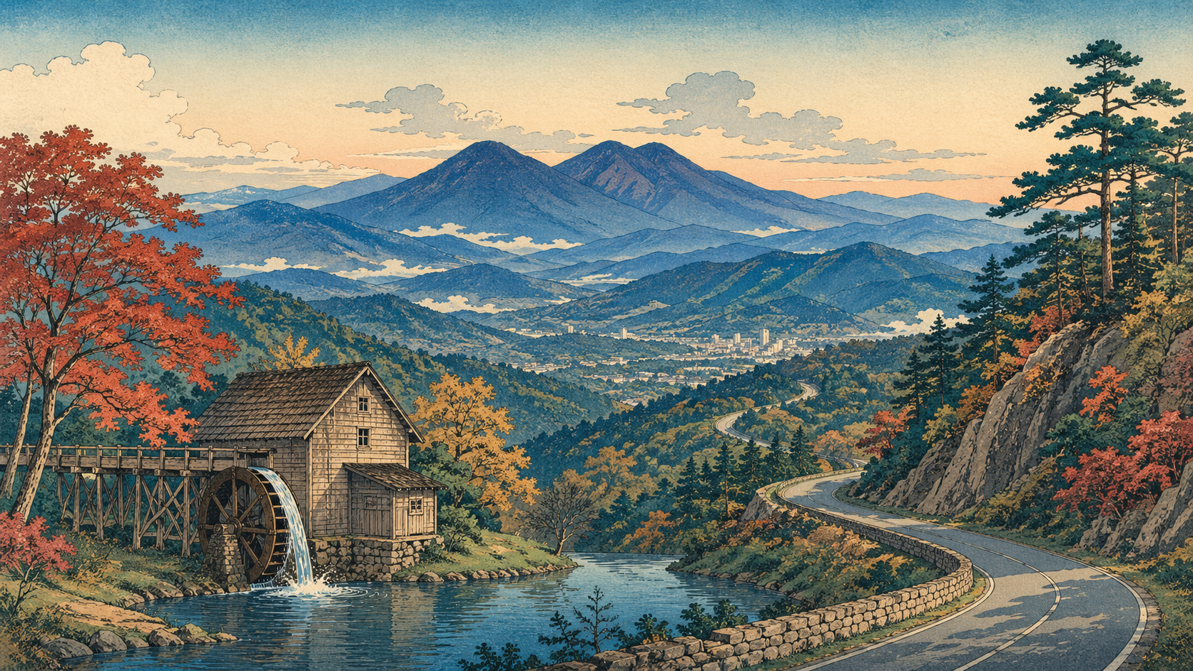 ブルーリッジ・パークウェイ、ピークス・オブ・オッター、マブリー・ミルを描いた日本木版画風の絵
