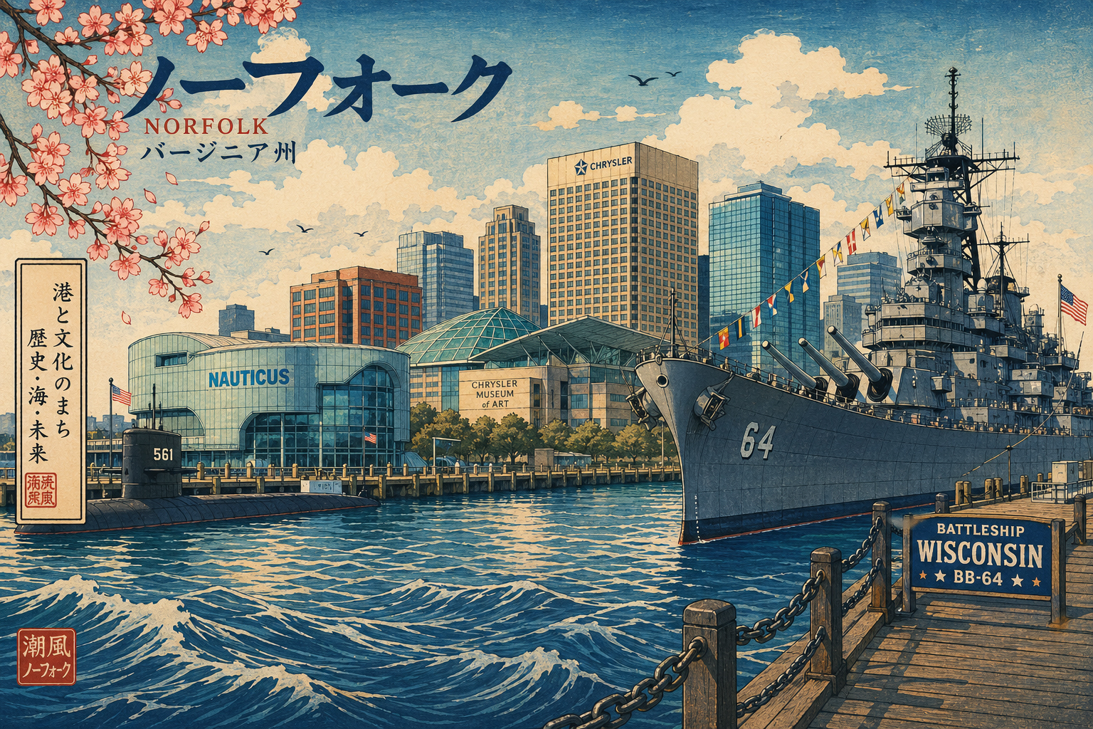ノーフォークのノーティカス、戦艦ウィスコンシン、クライスラー美術館、港の水辺を描いた日本木版画風の絵