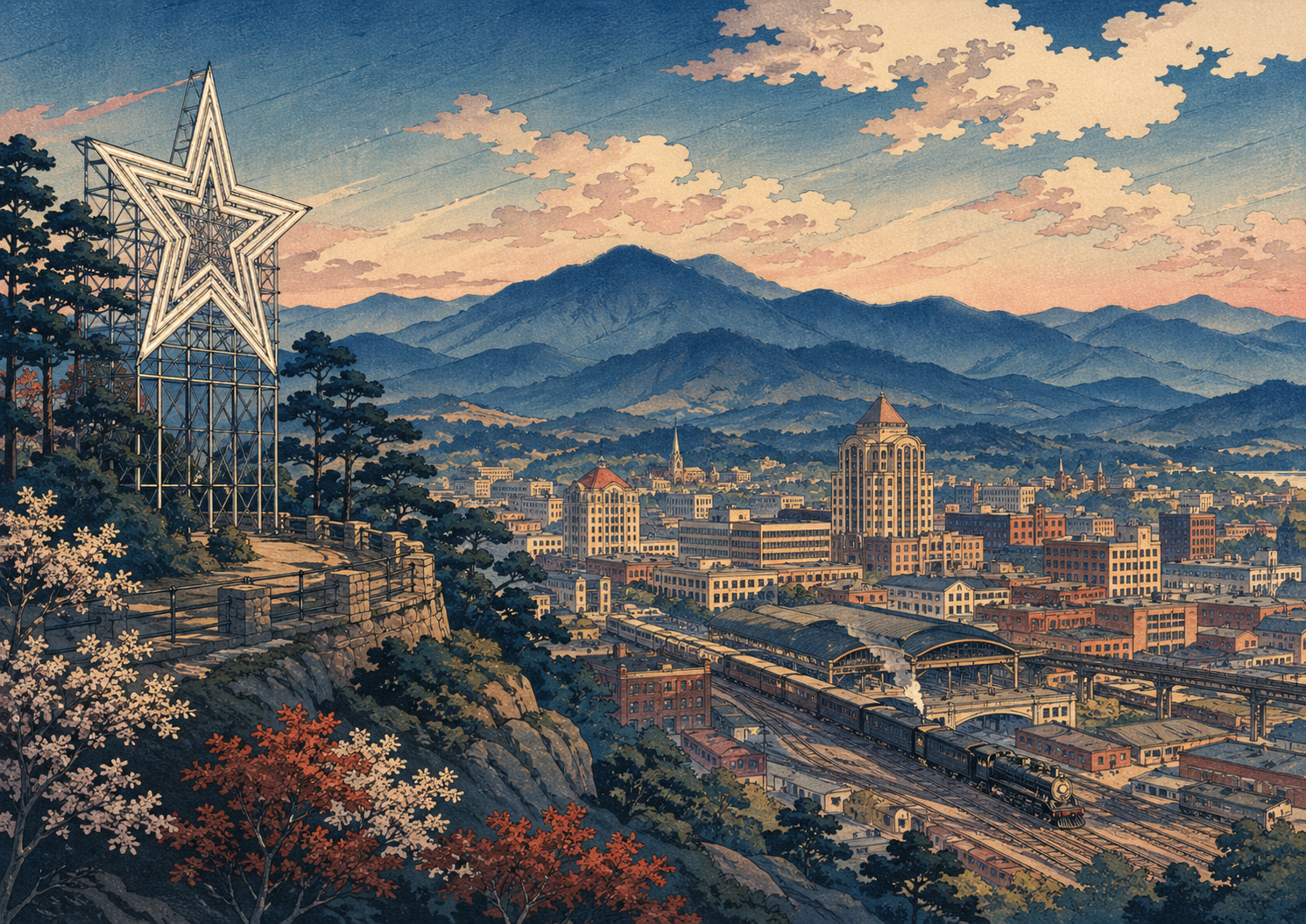 ロアノーク、ミル・マウンテン・スター、鉄道、美術館を描いた日本木版画風の絵